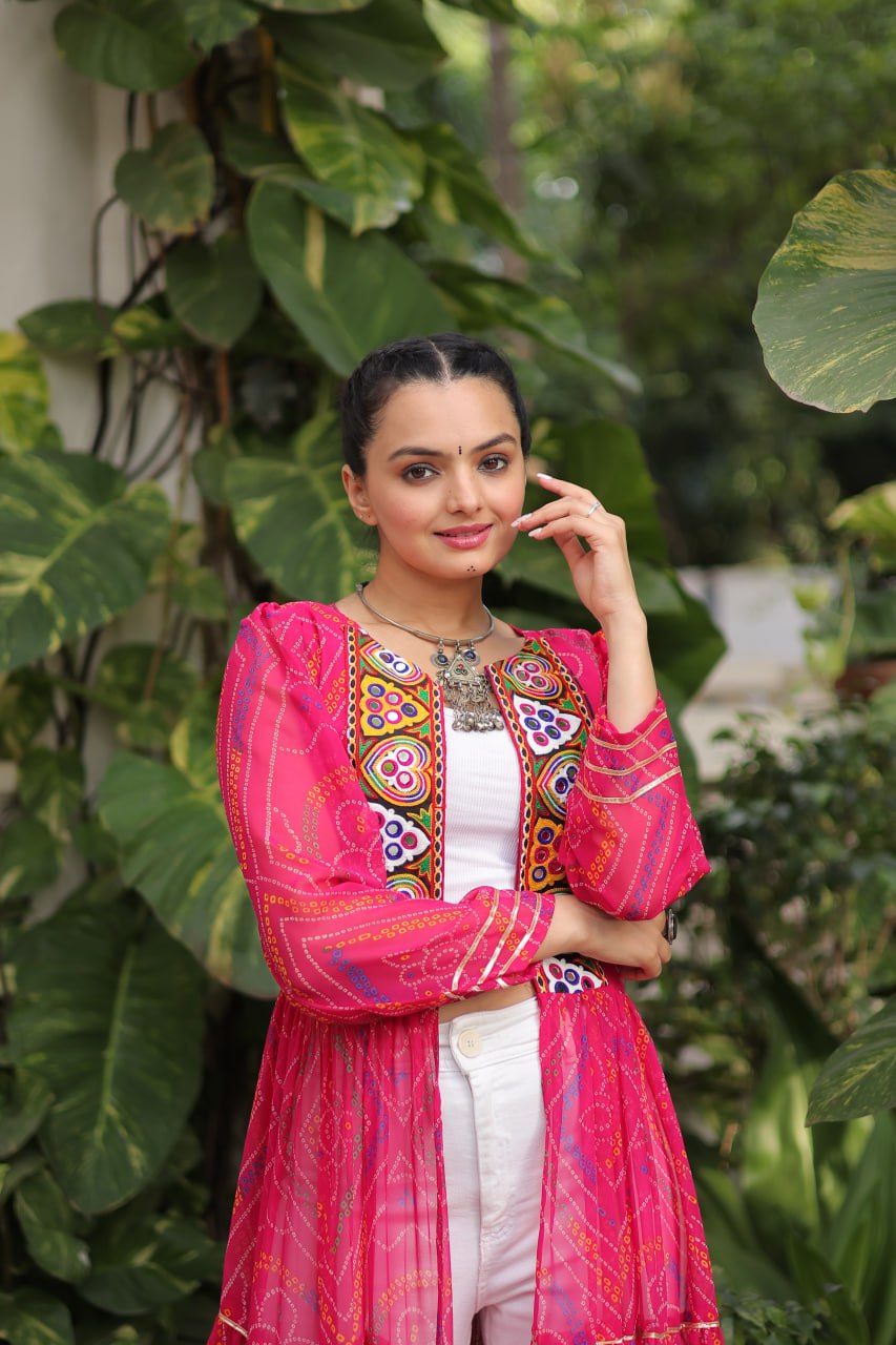 Pink Faux Georgette Bandhani Shrug with Kutchi Patchwork