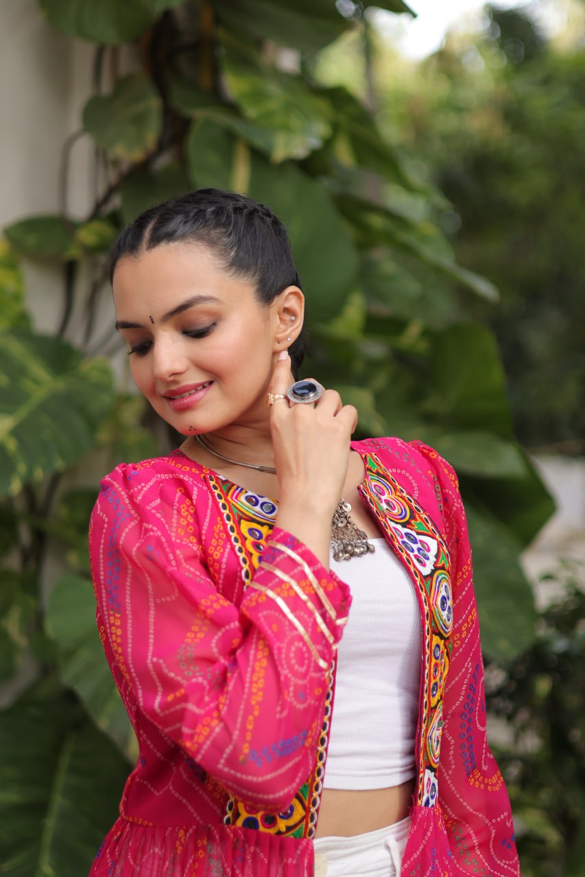 Pink Faux Georgette Bandhani Shrug with Kutchi Patchwork