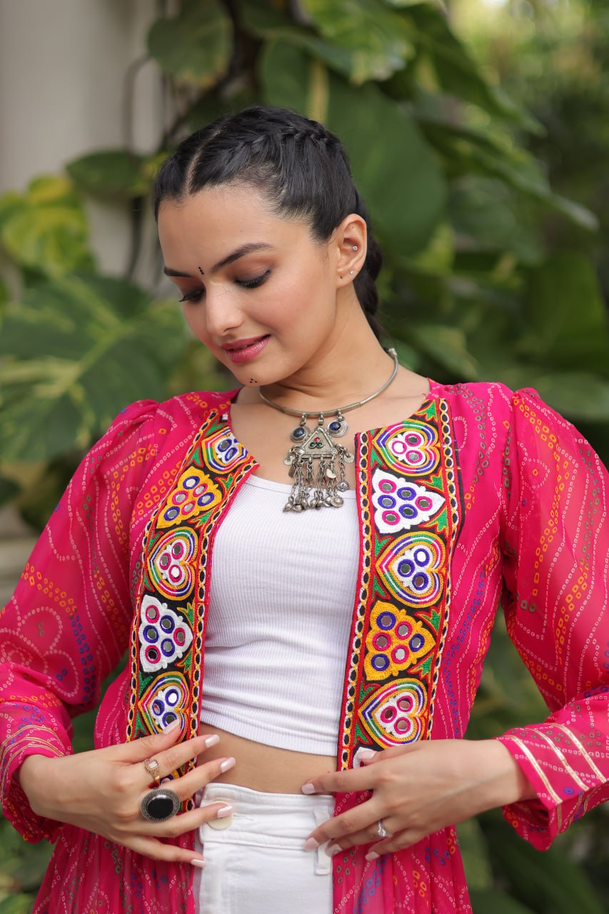 Pink Faux Georgette Bandhani Shrug with Kutchi Patchwork