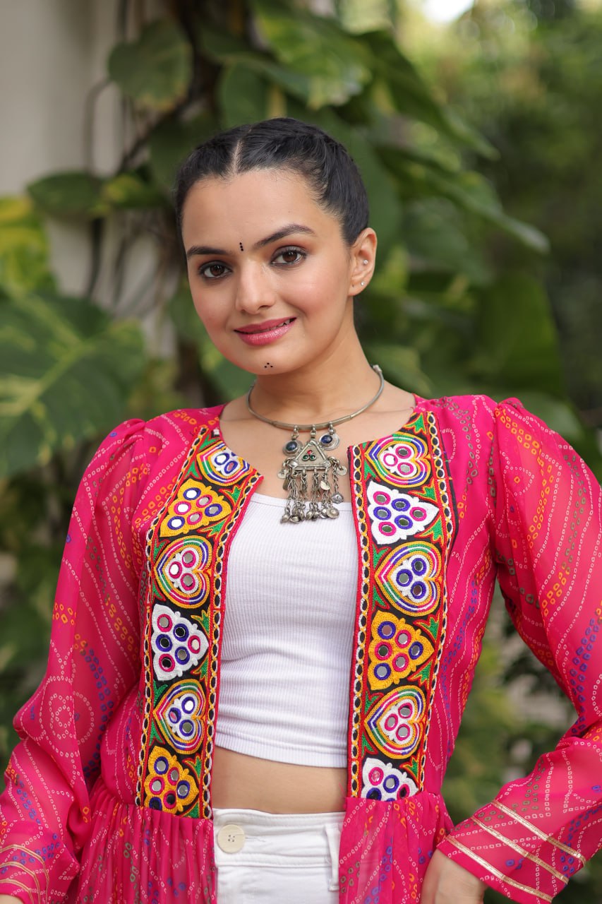 Pink Faux Georgette Bandhani Shrug with Kutchi Patchwork