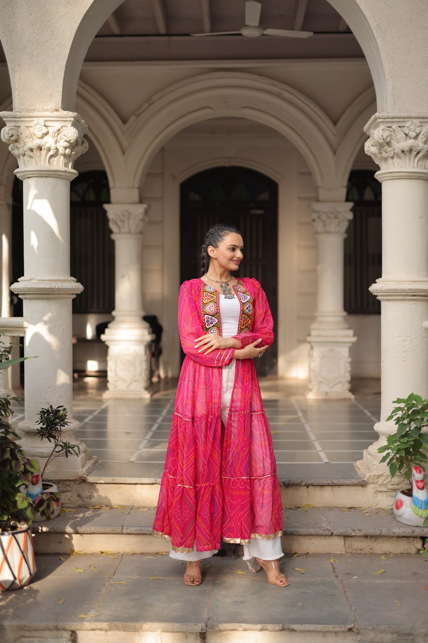 Pink Faux Georgette Bandhani Shrug with Kutchi Patchwork