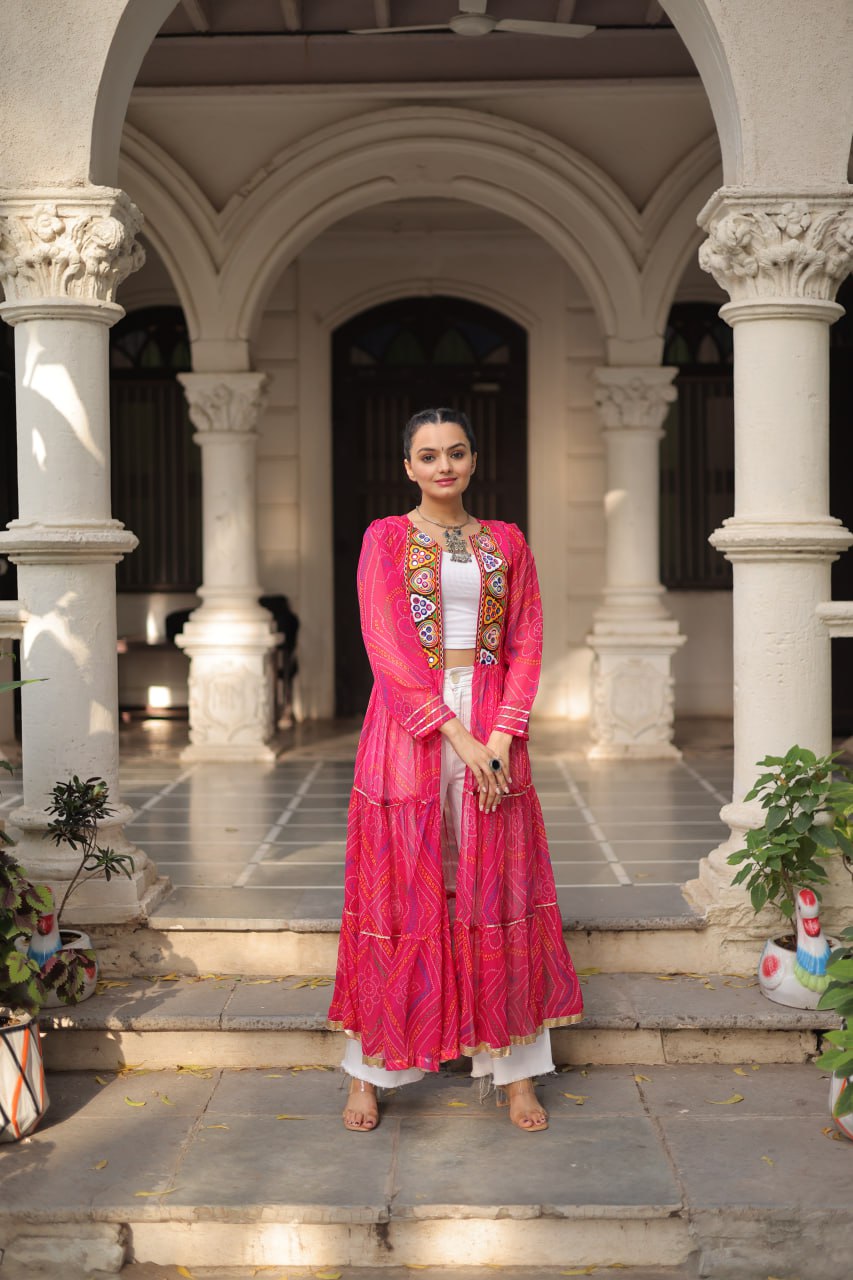 Pink Faux Georgette Bandhani Shrug with Kutchi Patchwork