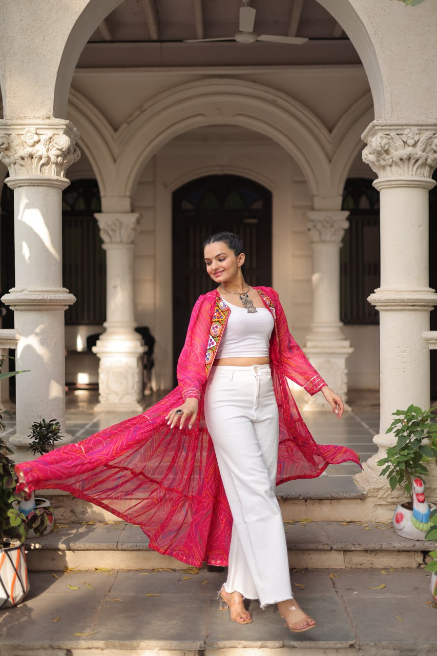Pink Faux Georgette Bandhani Shrug with Kutchi Patchwork
