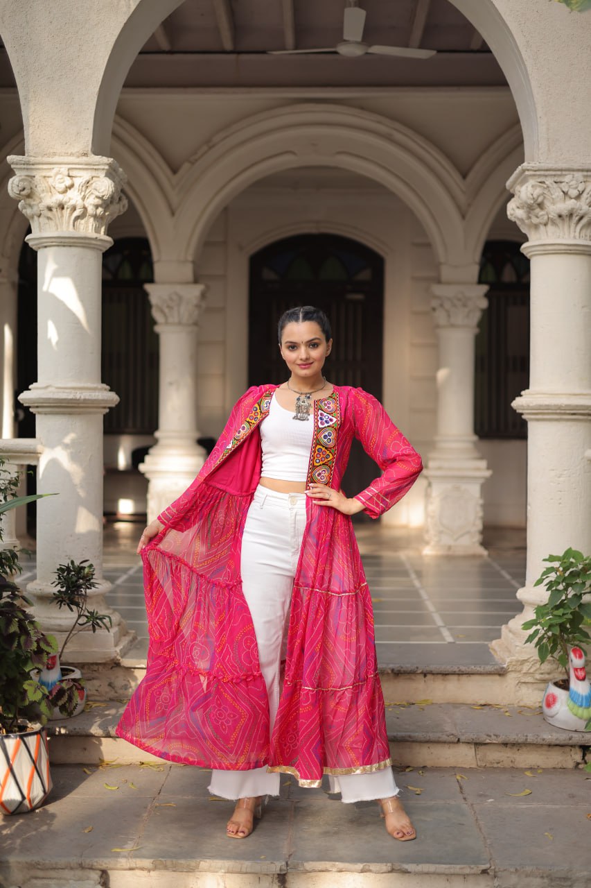 Pink Faux Georgette Bandhani Shrug with Kutchi Patchwork