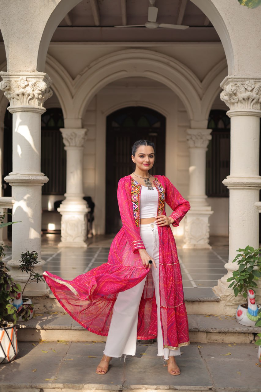 Pink Faux Georgette Bandhani Shrug with Kutchi Patchwork
