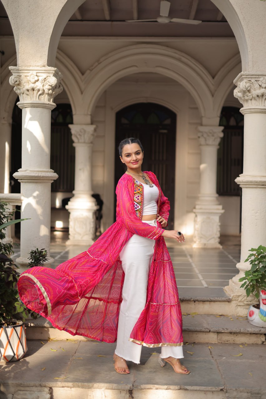 Pink Faux Georgette Bandhani Shrug with Kutchi Patchwork