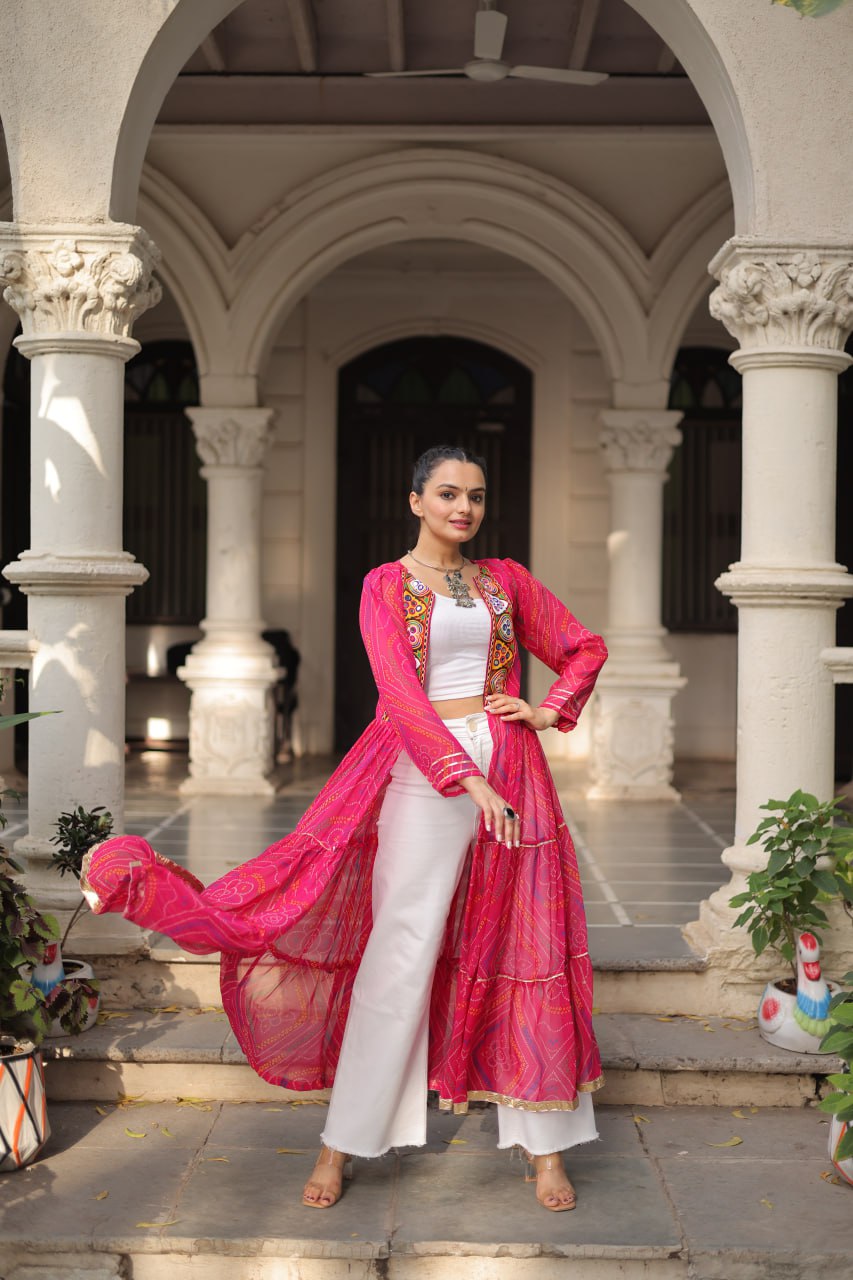 Pink Faux Georgette Bandhani Shrug with Kutchi Patchwork