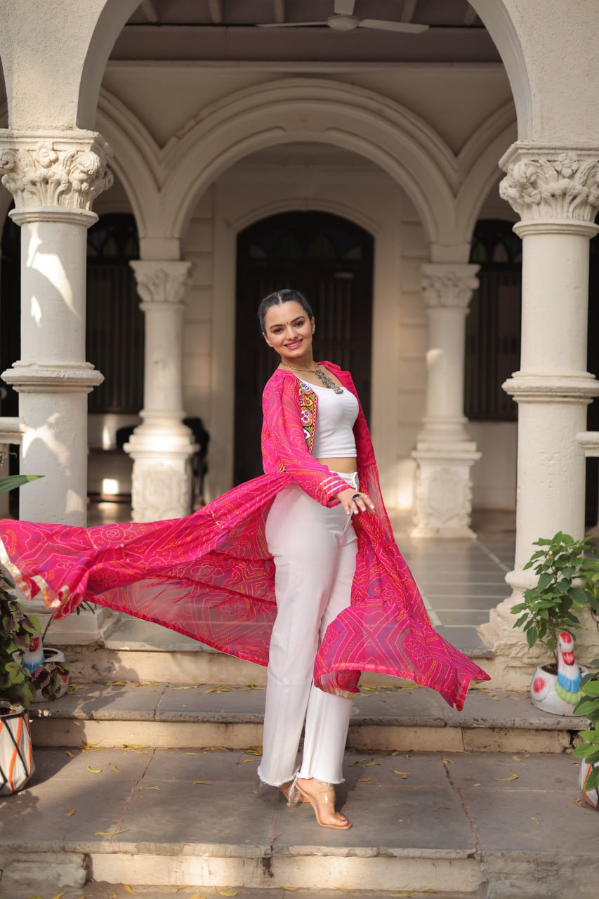 Pink Faux Georgette Bandhani Shrug with Kutchi Patchwork