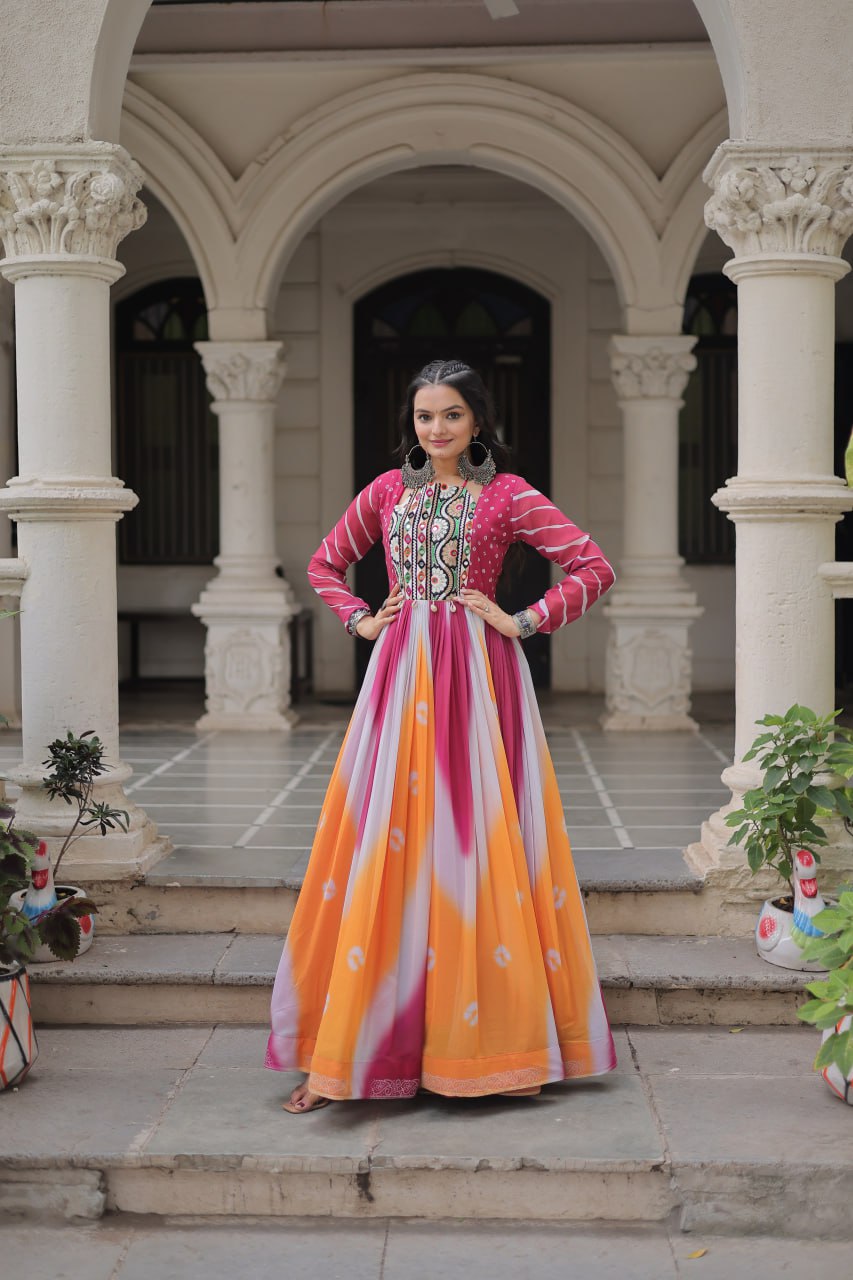 Pink Faux Georgette Bandhej Print Gown with Gamthi Embroidery & Mirror Work