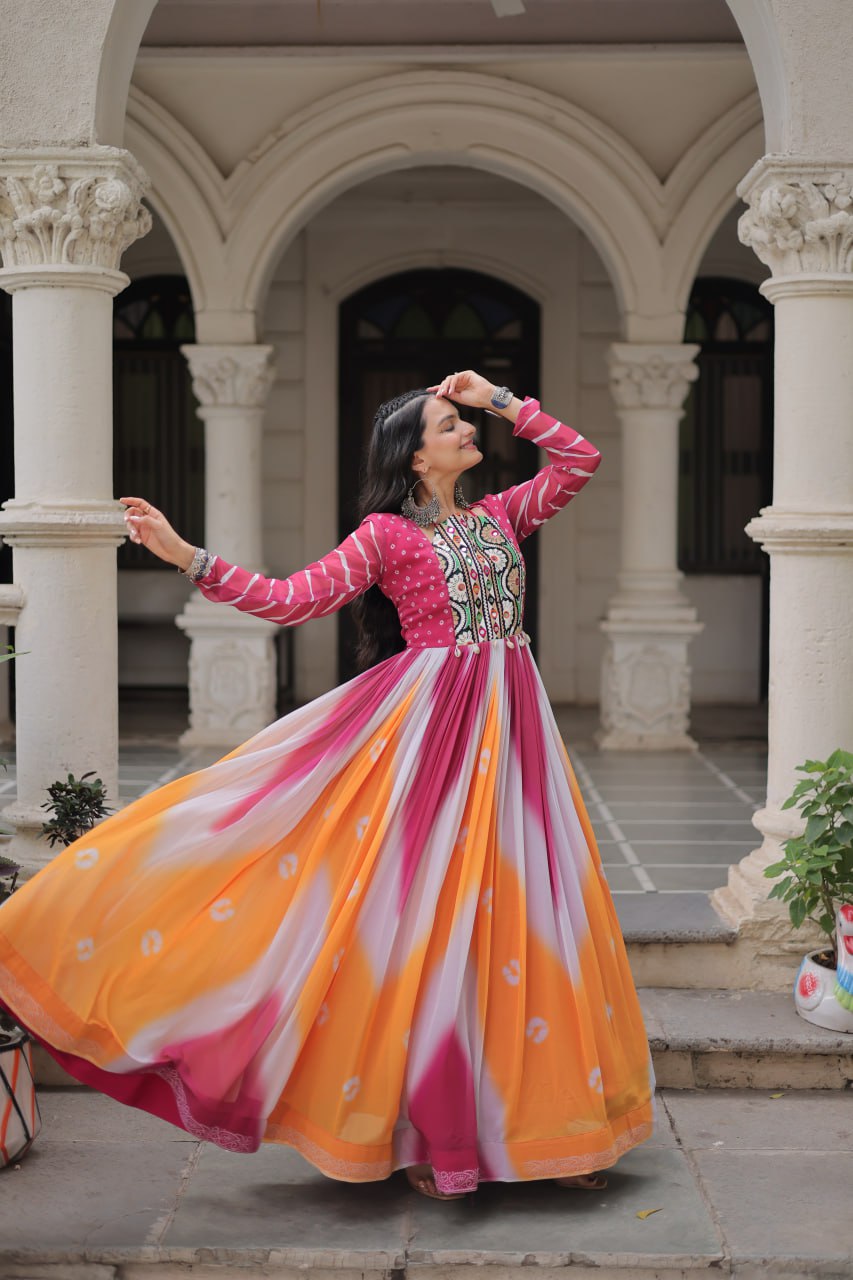 Pink Faux Georgette Bandhej Print Gown with Gamthi Embroidery & Mirror Work