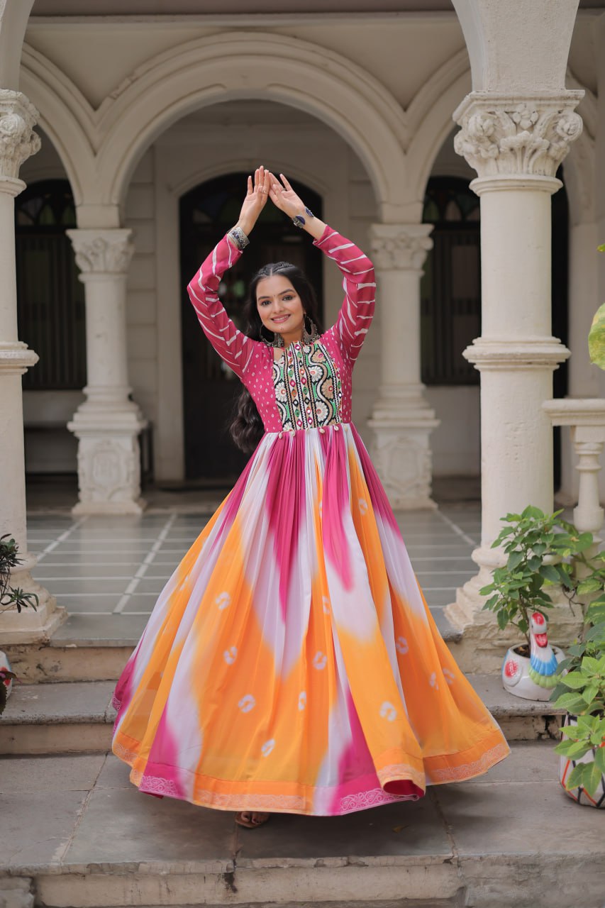 Pink Faux Georgette Bandhej Print Gown with Gamthi Embroidery & Mirror Work