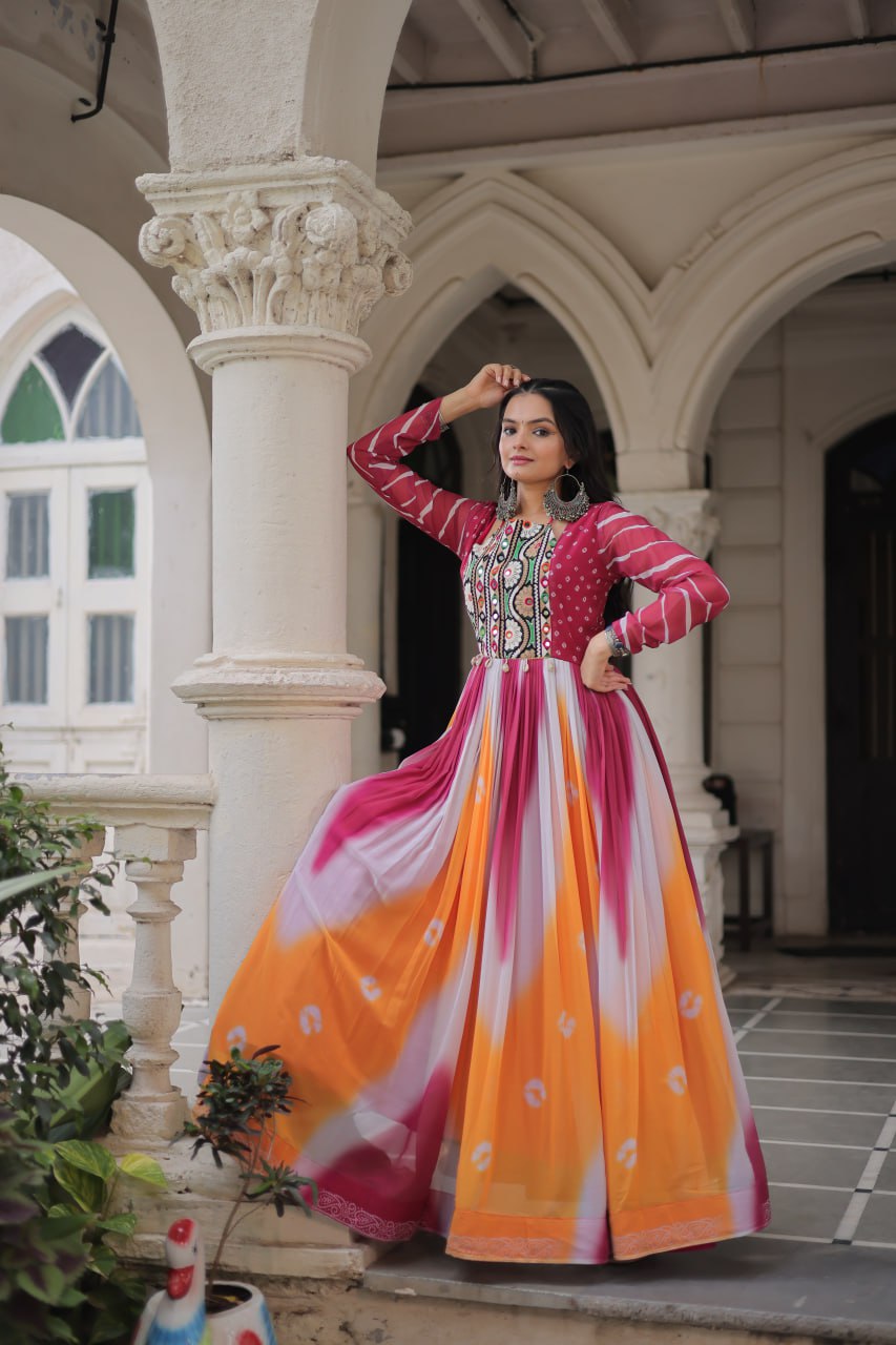 Pink Faux Georgette Bandhej Print Gown with Gamthi Embroidery & Mirror Work