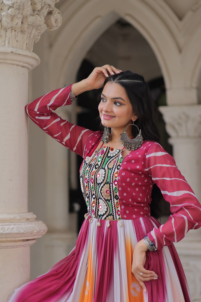 Pink Faux Georgette Bandhej Print Gown with Gamthi Embroidery & Mirror Work