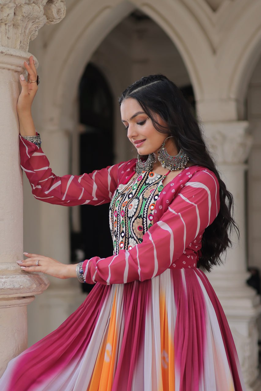 Pink Faux Georgette Bandhej Print Gown with Gamthi Embroidery & Mirror Work