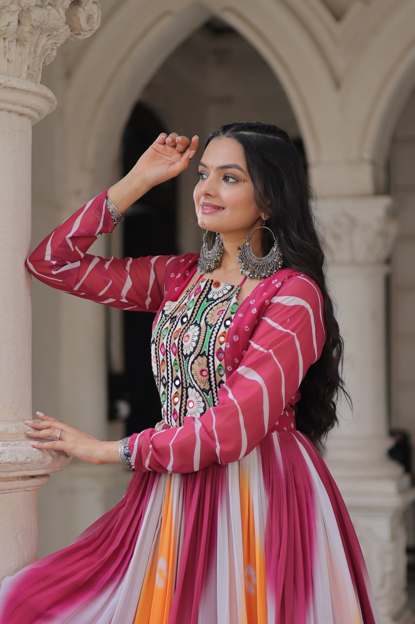 Pink Faux Georgette Bandhej Print Gown with Gamthi Embroidery & Mirror Work