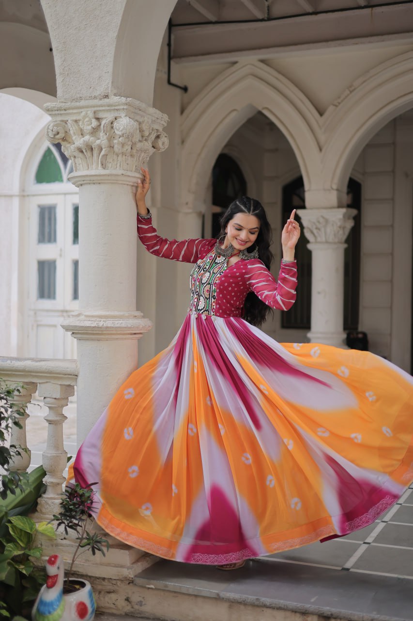 Pink Faux Georgette Bandhej Print Gown with Gamthi Embroidery & Mirror Work