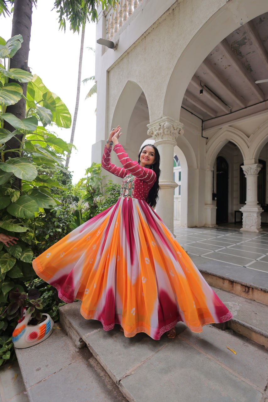 Pink Faux Georgette Bandhej Print Gown with Gamthi Embroidery & Mirror Work
