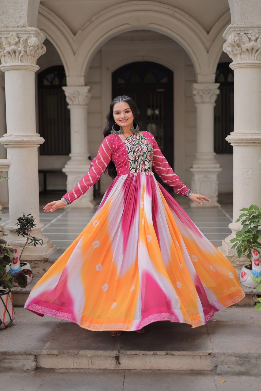 Pink Faux Georgette Bandhej Print Gown with Gamthi Embroidery & Mirror Work