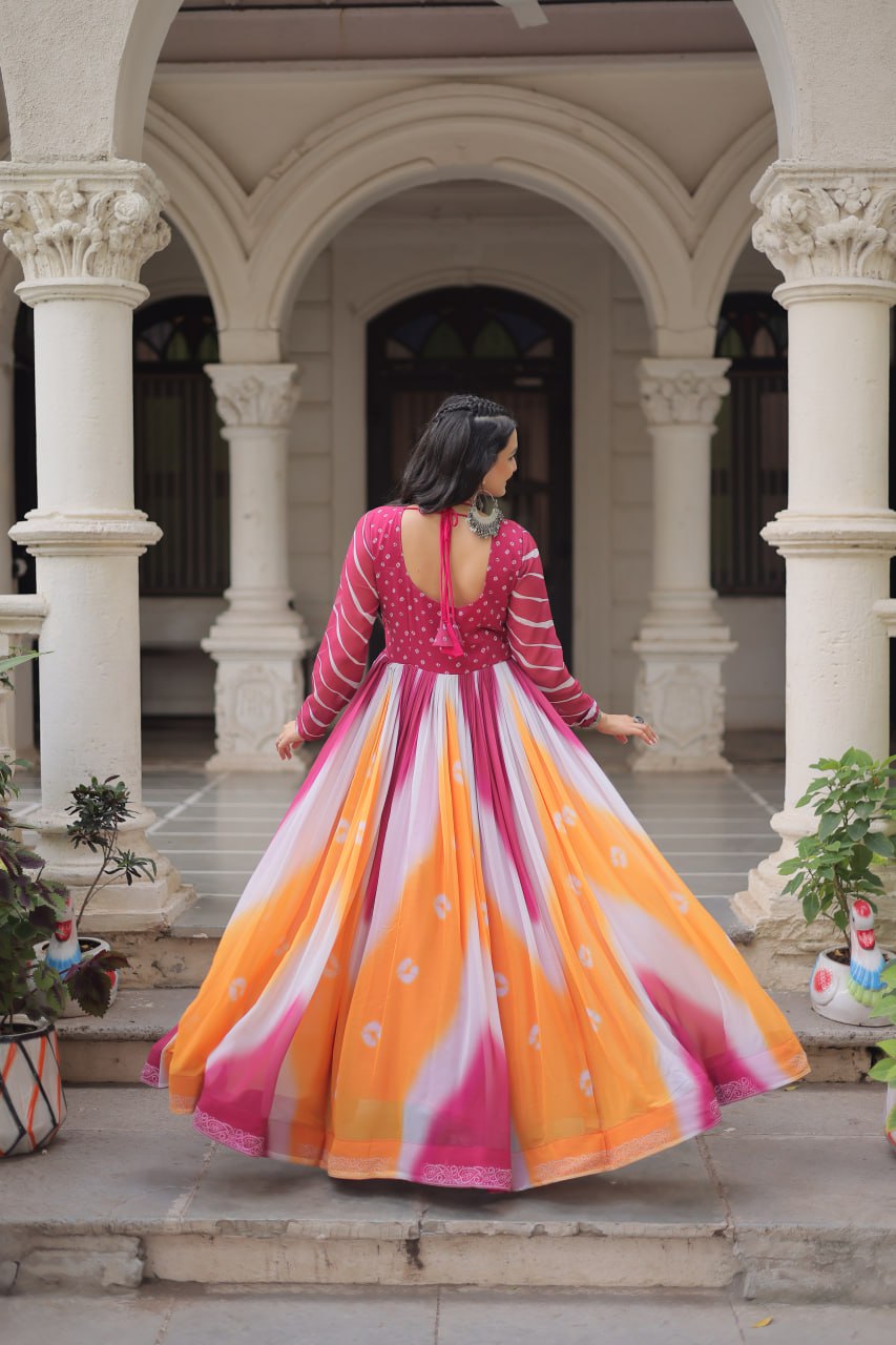 Pink Faux Georgette Bandhej Print Gown with Gamthi Embroidery & Mirror Work