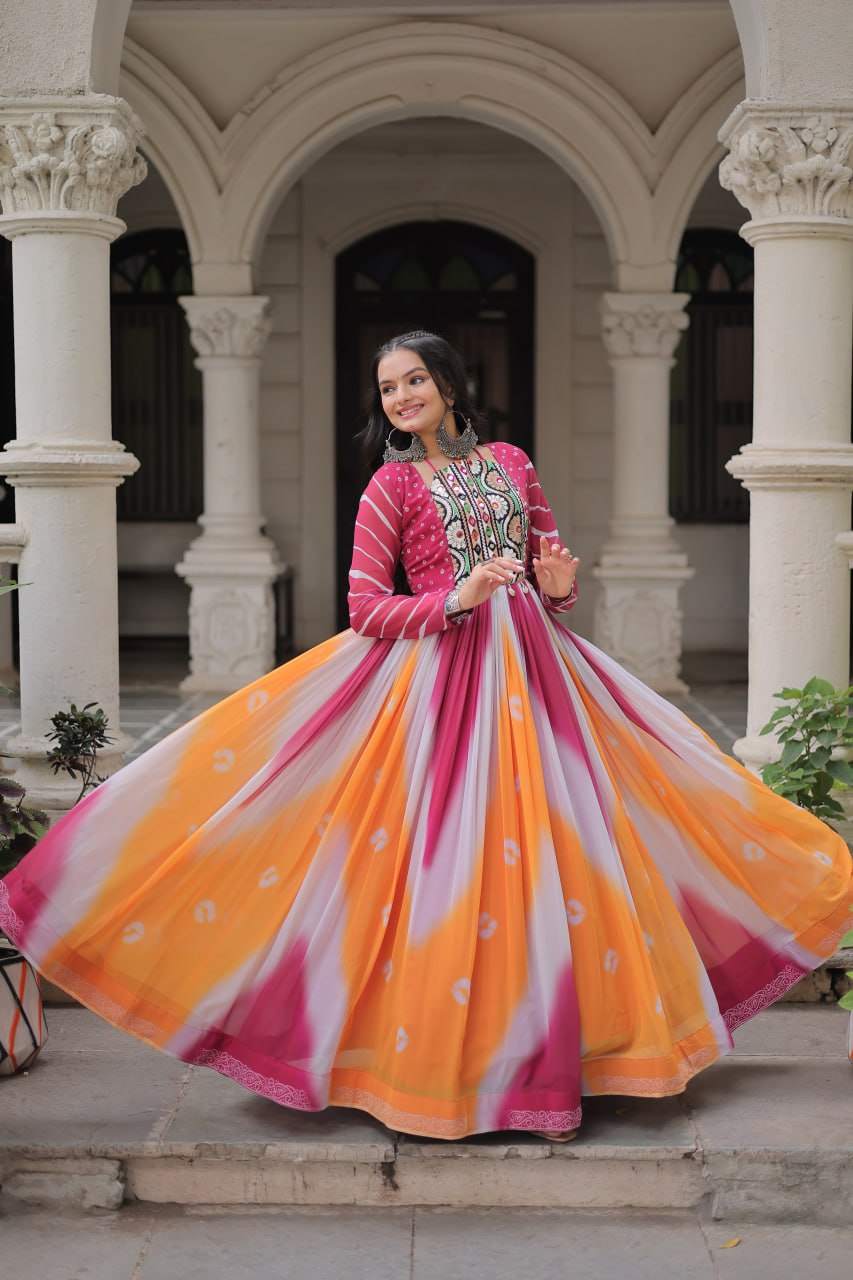 Pink Faux Georgette Bandhej Print Gown with Gamthi Embroidery & Mirror Work