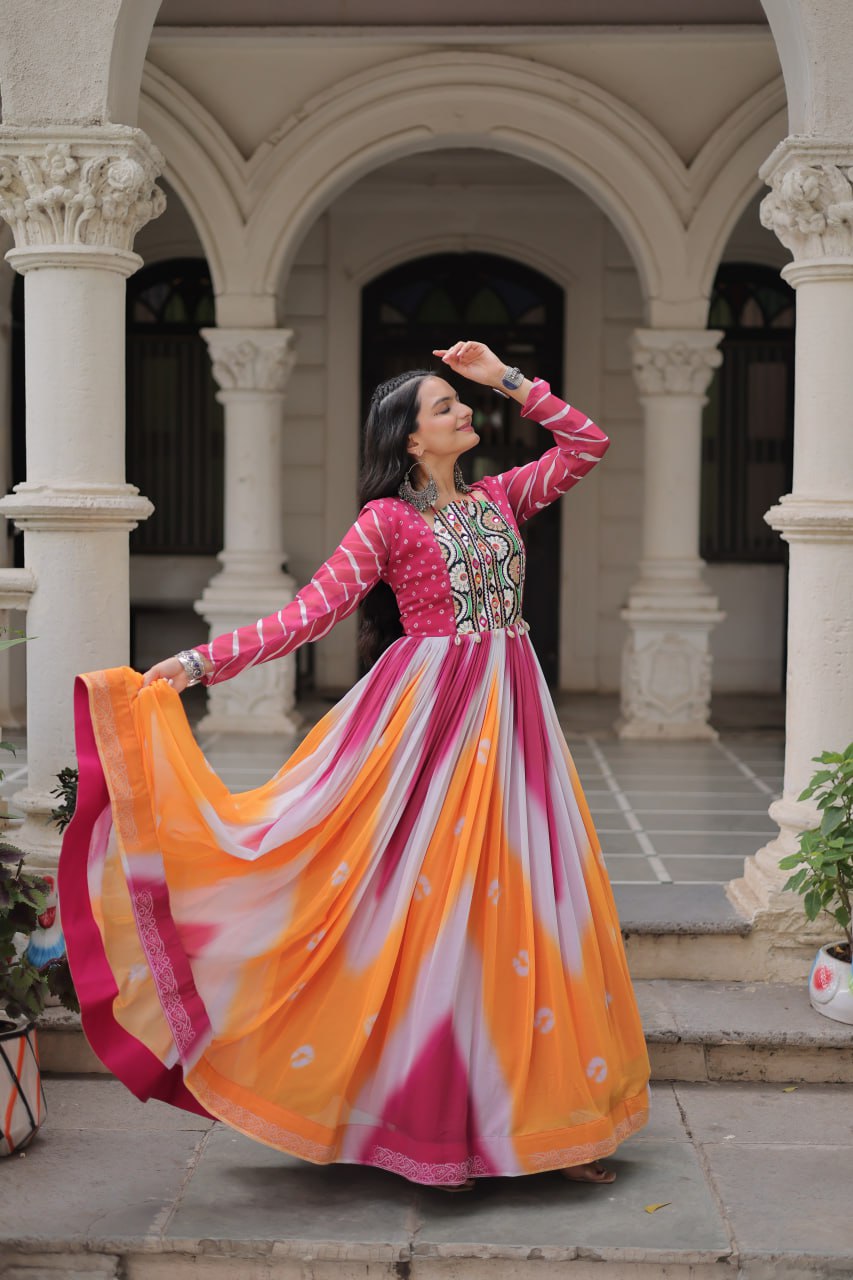 Pink Faux Georgette Bandhej Print Gown with Gamthi Embroidery & Mirror Work