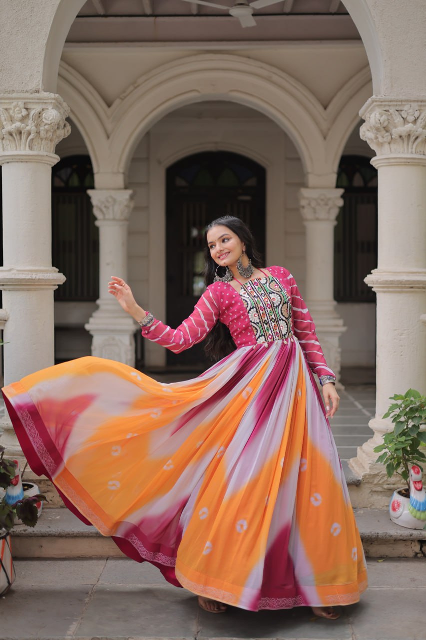 Pink Faux Georgette Bandhej Print Gown with Gamthi Embroidery & Mirror Work