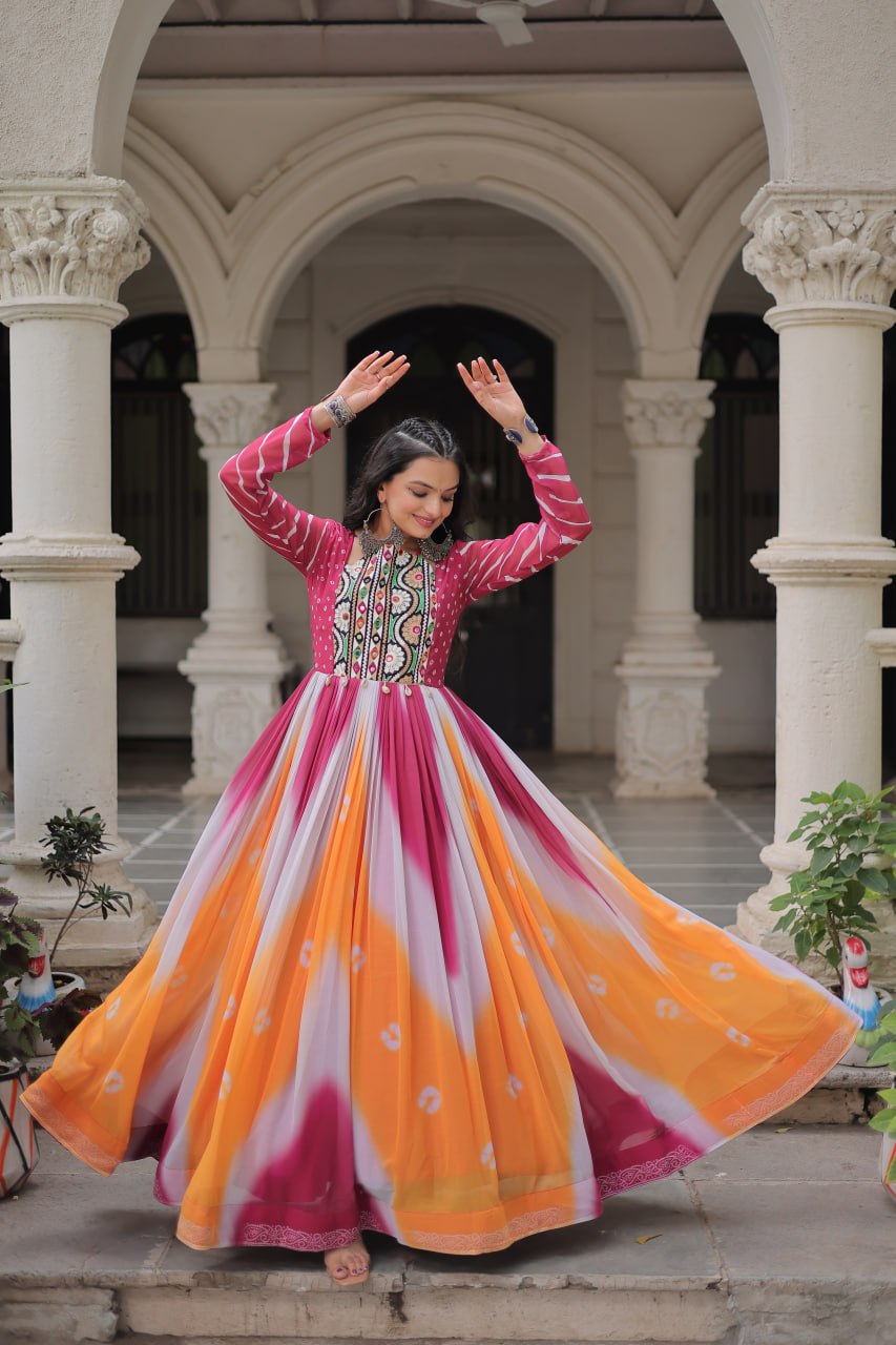 Pink Faux Georgette Bandhej Print Gown with Gamthi Embroidery & Mirror Work