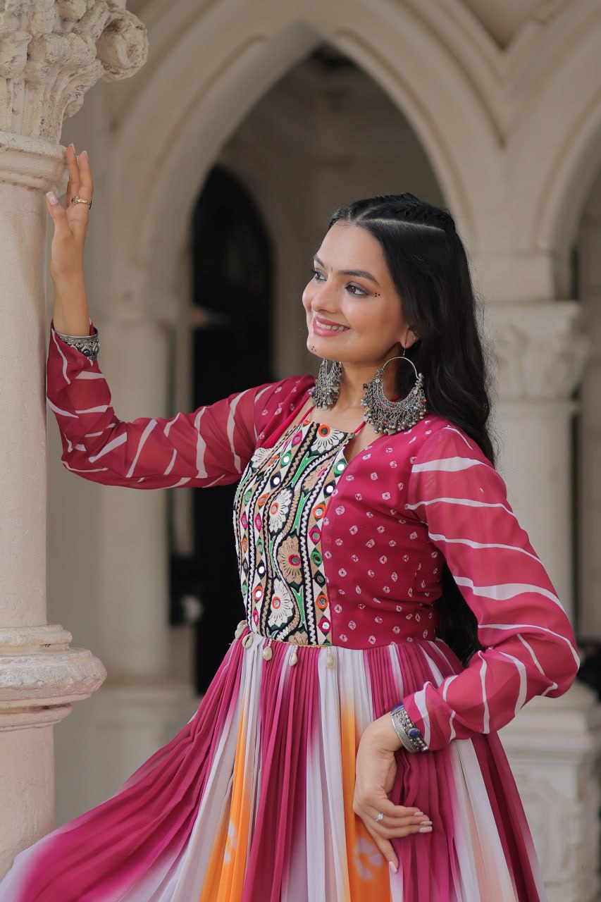 Pink Faux Georgette Bandhej Print Gown with Gamthi Embroidery & Mirror Work