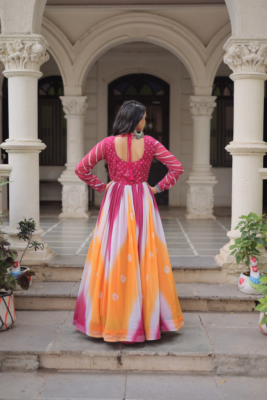 Pink Faux Georgette Bandhej Print Gown with Gamthi Embroidery & Mirror Work