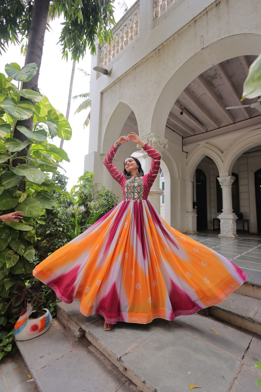 Pink Faux Georgette Bandhej Print Gown with Gamthi Embroidery & Mirror Work