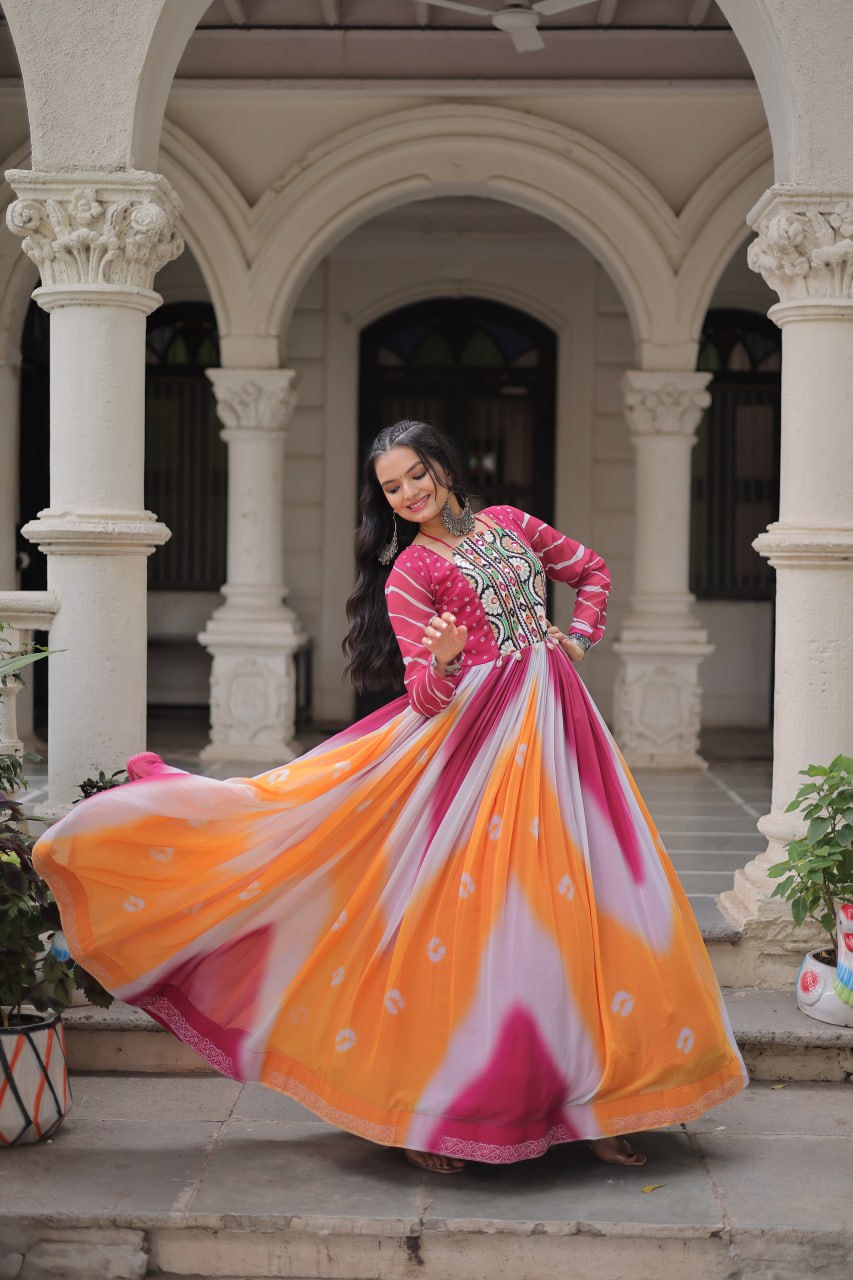 Pink Faux Georgette Bandhej Print Gown with Gamthi Embroidery & Mirror Work