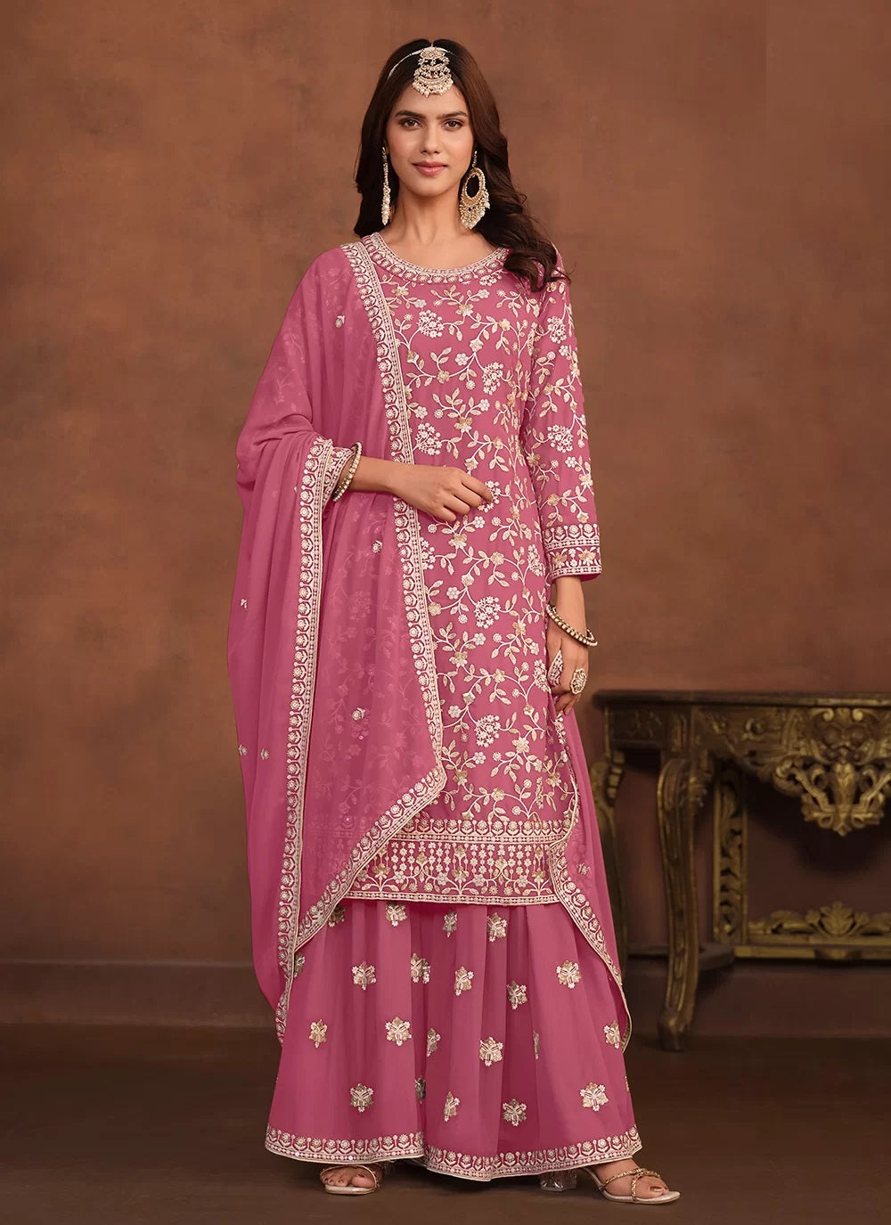 Pink faux georgette sharara style suit