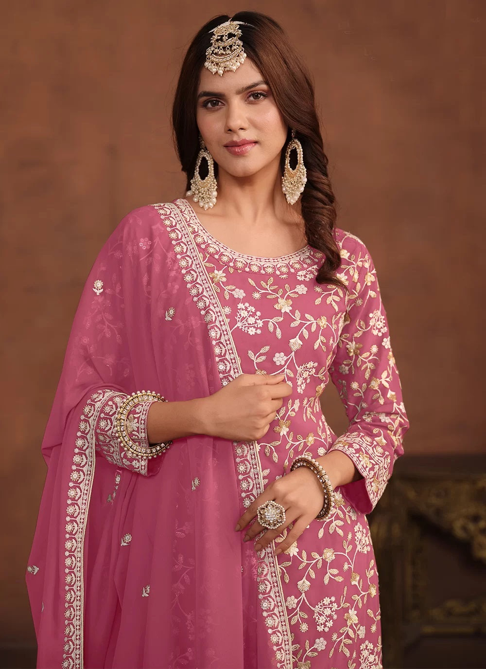 Pink faux georgette sharara style suit