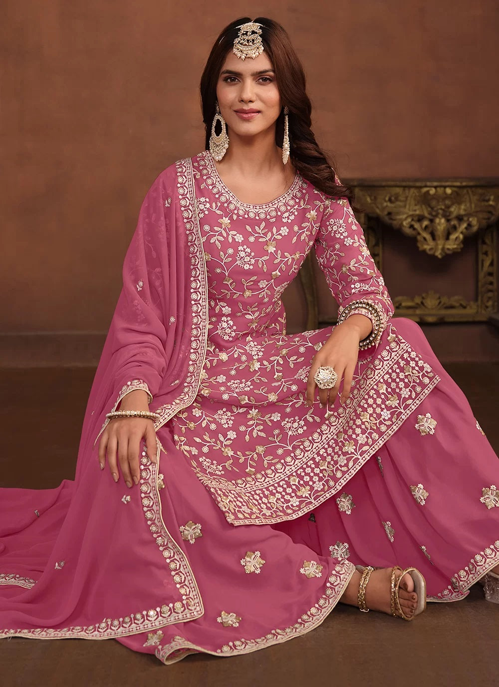 Pink faux georgette sharara style suit