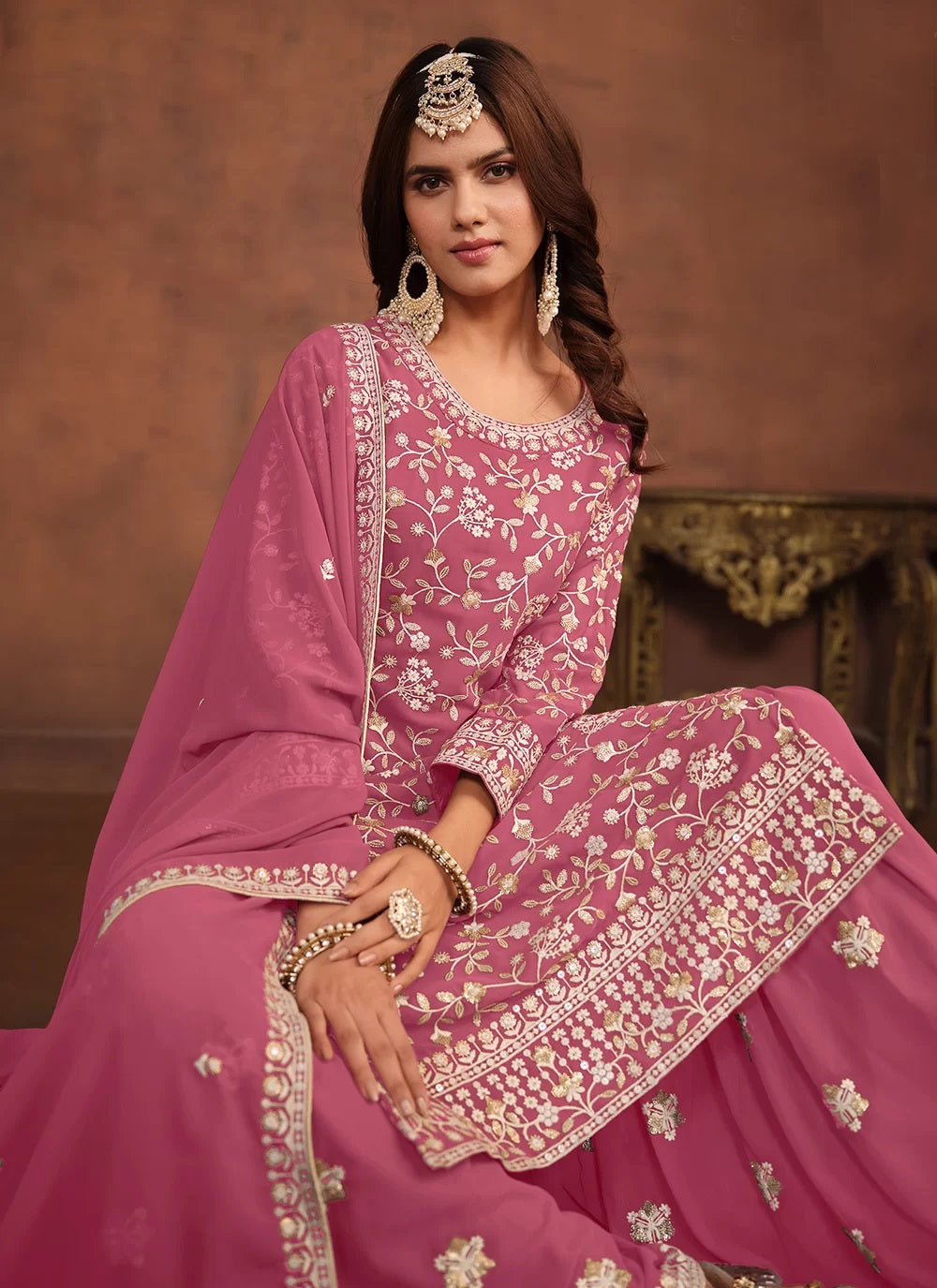 Pink faux georgette sharara style suit