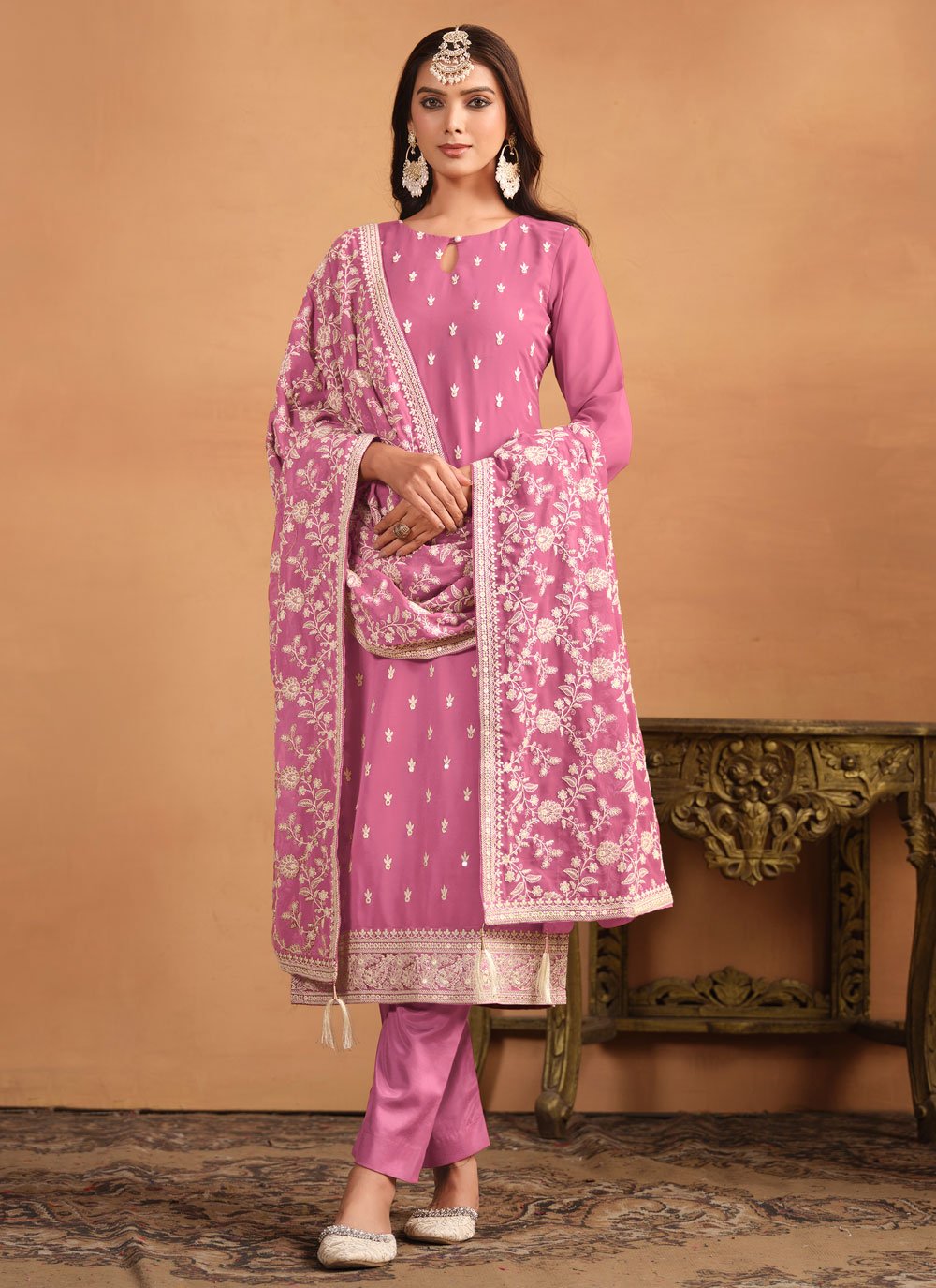 Pink faux georgette straight cut salwar kameez