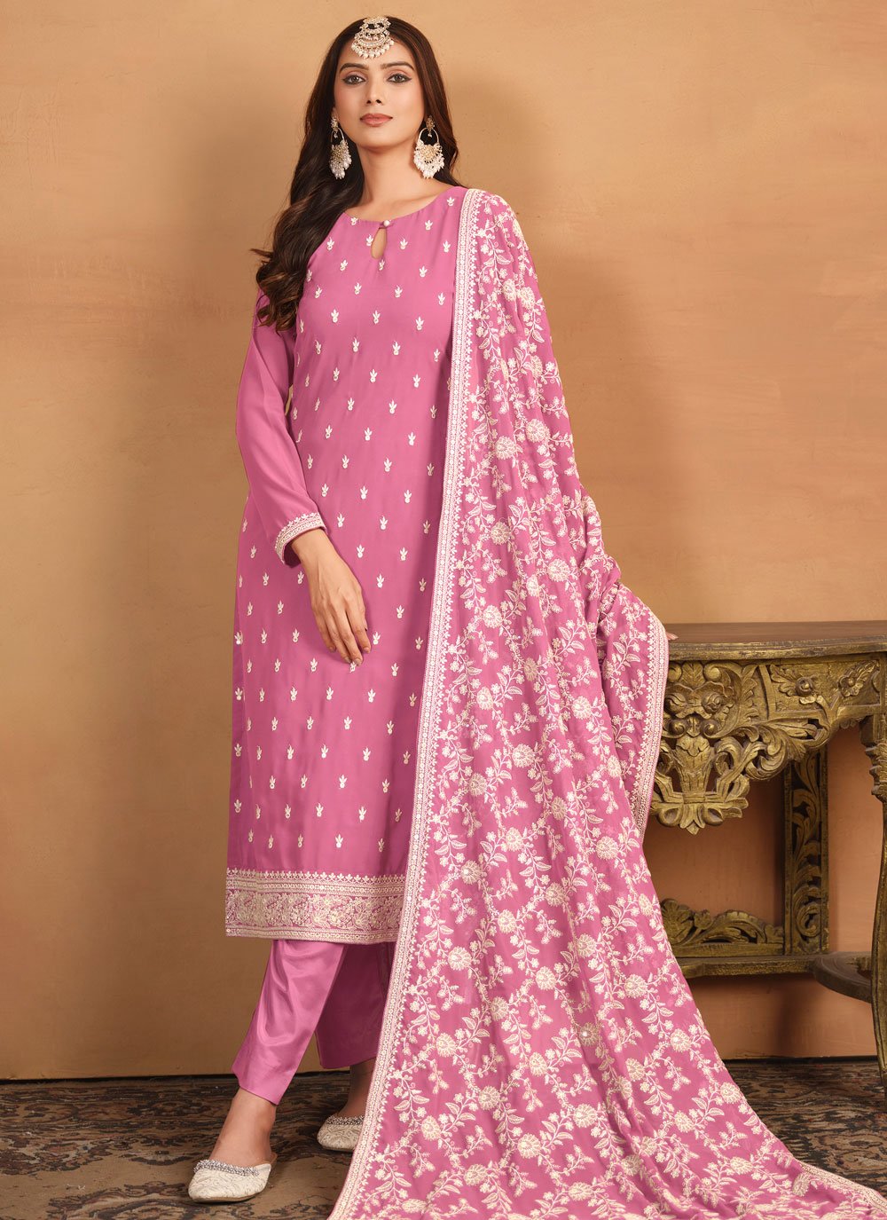 Pink faux georgette straight cut salwar kameez