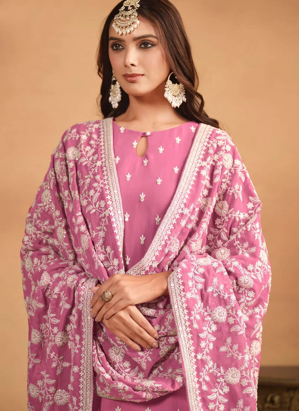 Pink faux georgette straight cut salwar kameez