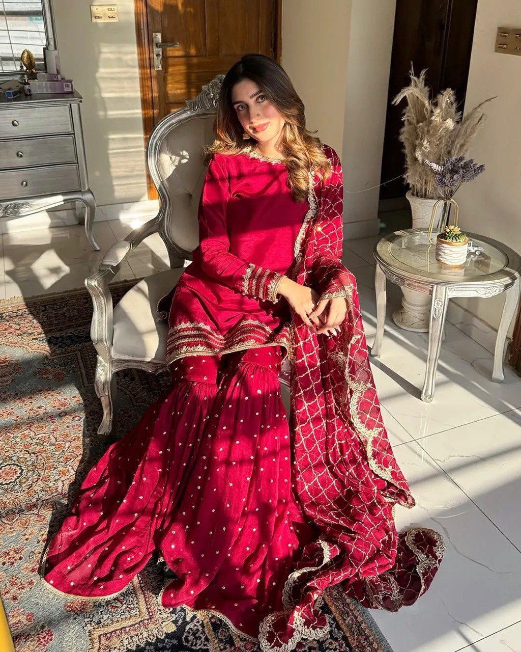 Pink Faux Georgette Thread & Sequin Embroidered Sharara Set with Dupatta