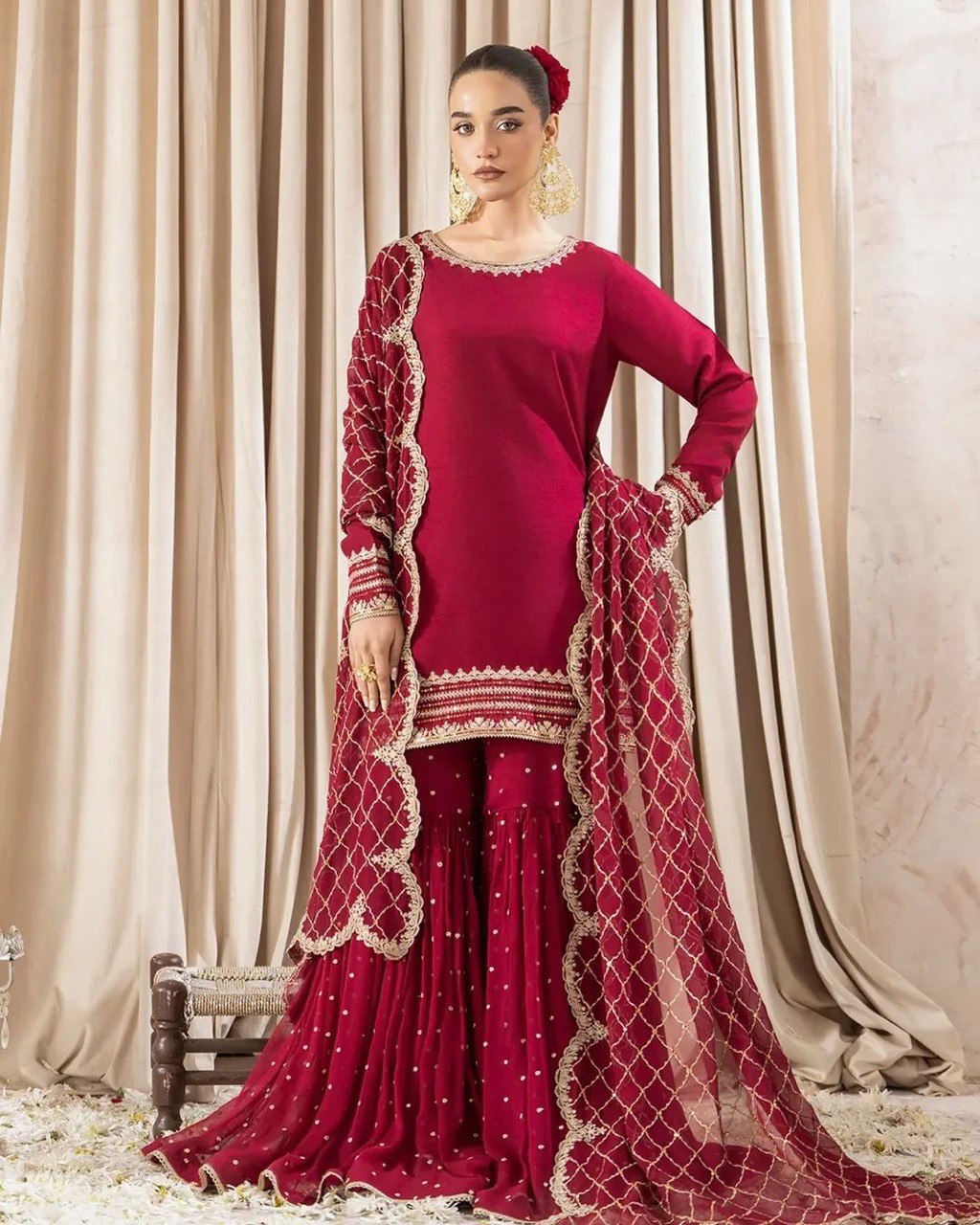 Pink Faux Georgette Thread & Sequin Embroidered Sharara Set with Dupatta