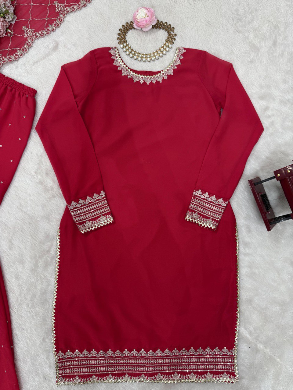 Pink Faux Georgette Thread & Sequin Embroidered Sharara Set with Dupatta