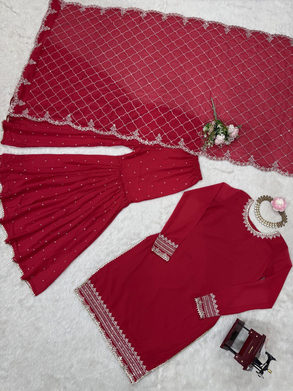 Pink Faux Georgette Thread & Sequin Embroidered Sharara Set with Dupatta