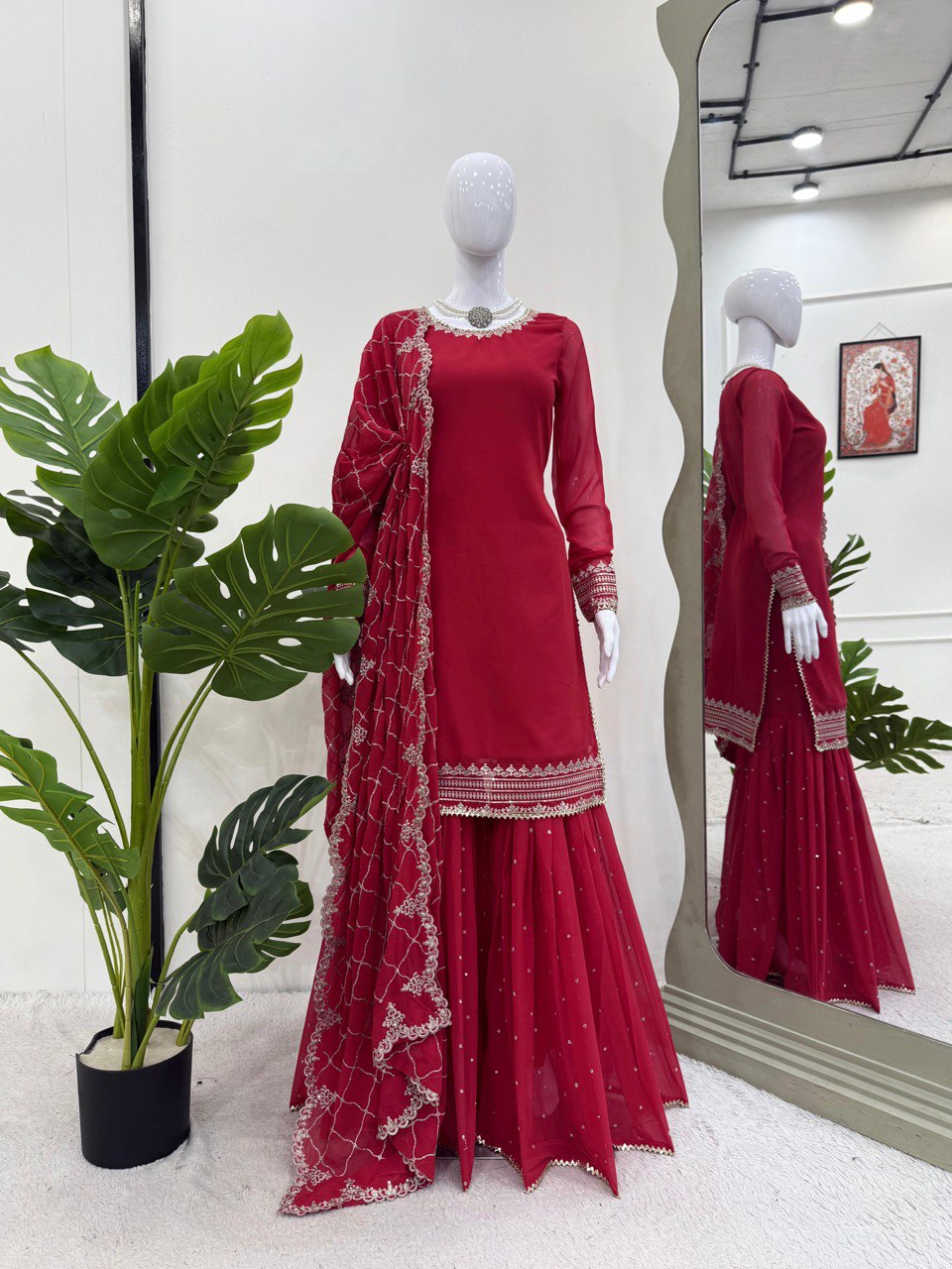 Pink Faux Georgette Thread & Sequin Embroidered Sharara Set with Dupatta
