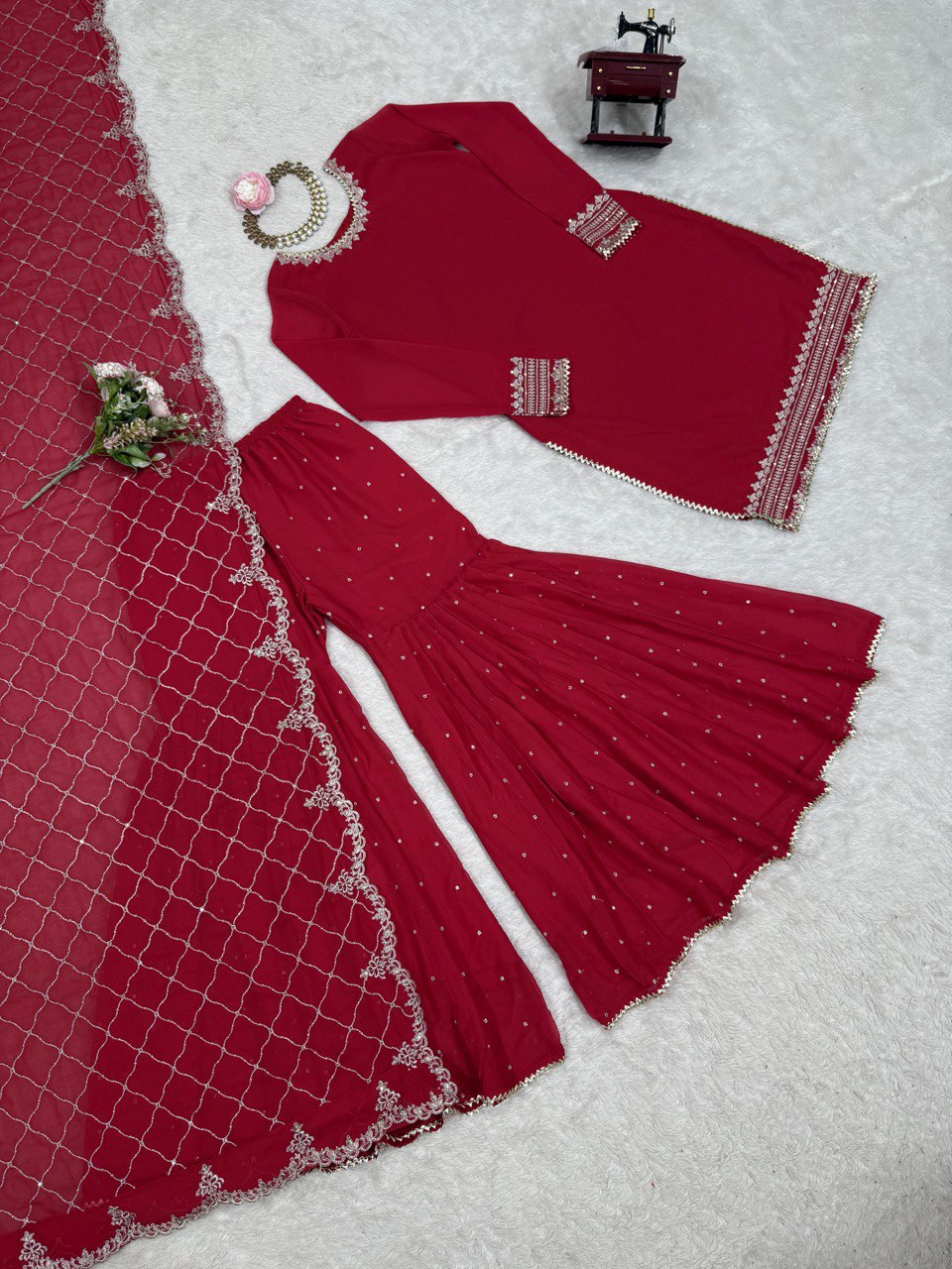 Pink Faux Georgette Thread & Sequin Embroidered Sharara Set with Dupatta