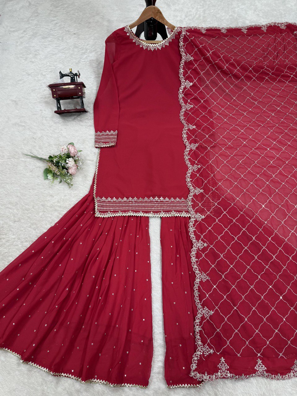 Pink Faux Georgette Thread & Sequin Embroidered Sharara Set with Dupatta