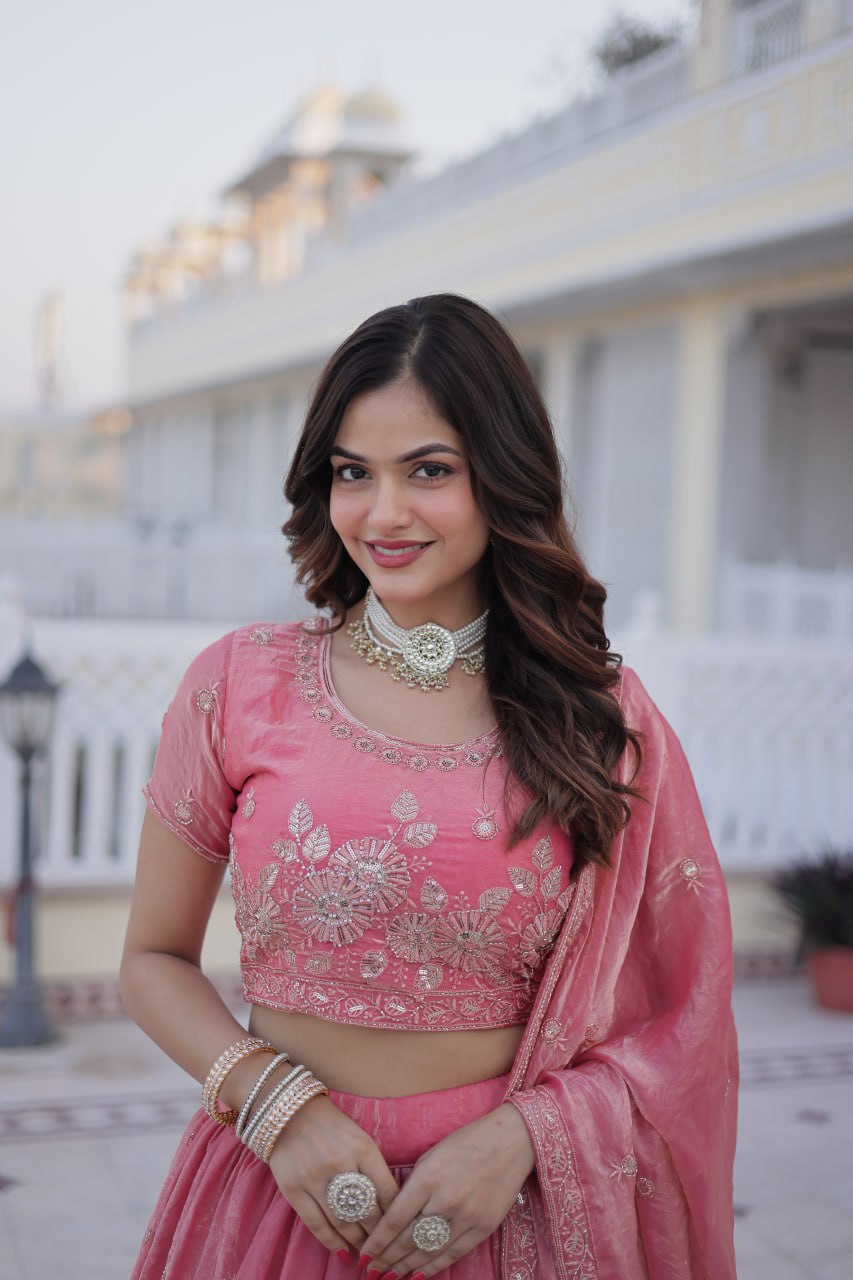 Pink Fendi Silk Zari Sequins Lehenga Choli