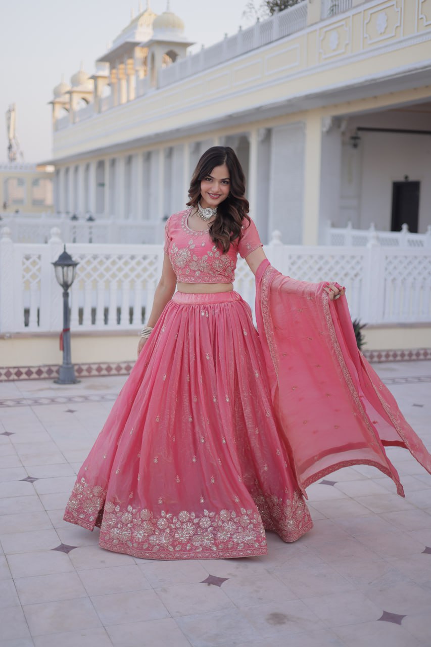 Pink Fendi Silk Zari Sequins Lehenga Choli