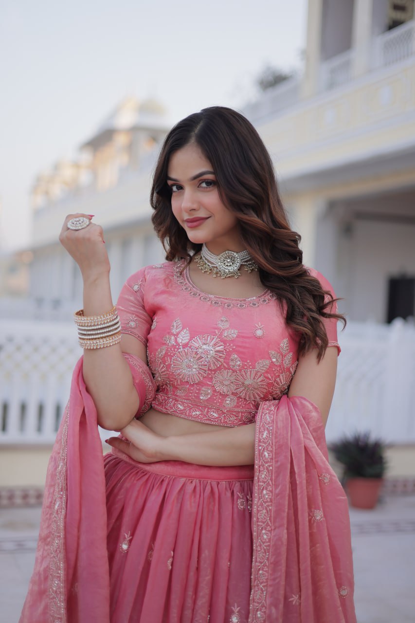 Pink Fendi Silk Zari Sequins Lehenga Choli