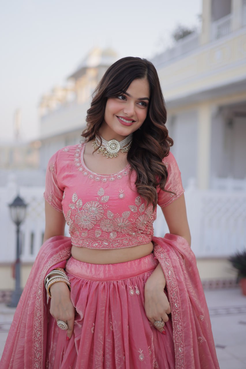 Pink Fendi Silk Zari Sequins Lehenga Choli