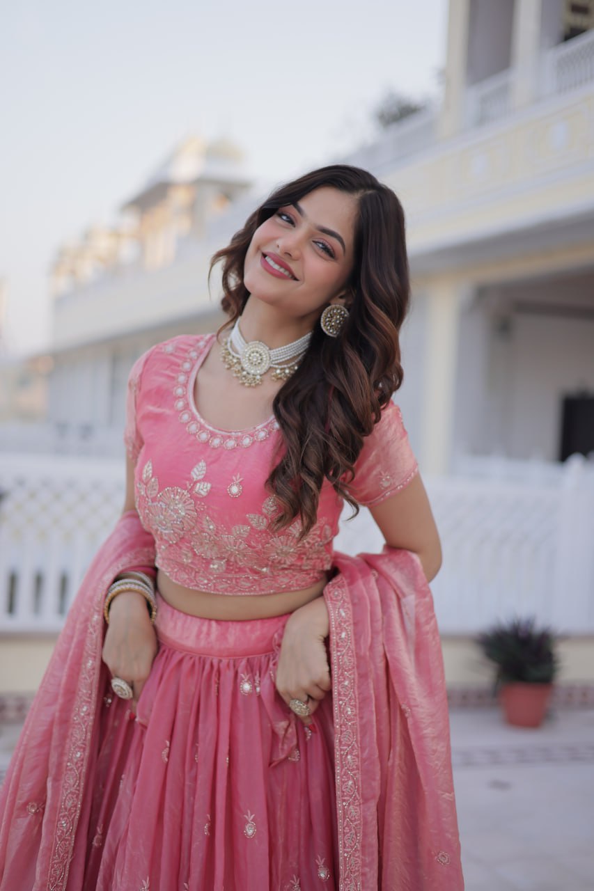 Pink Fendi Silk Zari Sequins Lehenga Choli